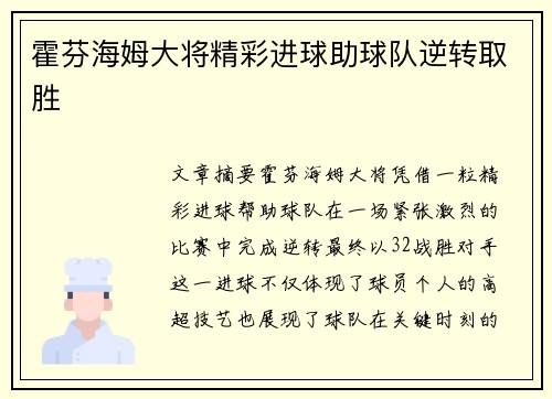 霍芬海姆大将精彩进球助球队逆转取胜