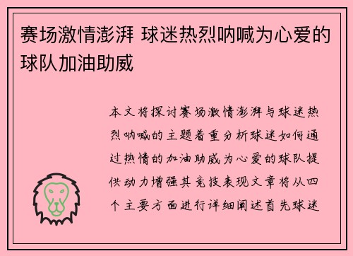 赛场激情澎湃 球迷热烈呐喊为心爱的球队加油助威