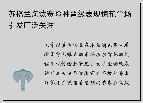 苏格兰淘汰赛险胜晋级表现惊艳全场引发广泛关注
