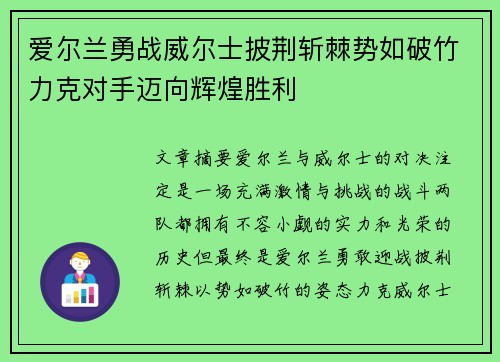 爱尔兰勇战威尔士披荆斩棘势如破竹力克对手迈向辉煌胜利
