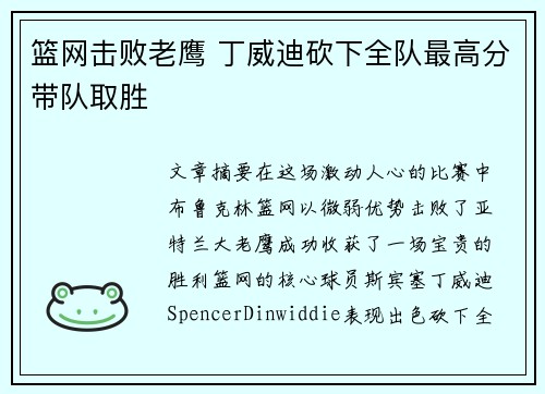 篮网击败老鹰 丁威迪砍下全队最高分带队取胜