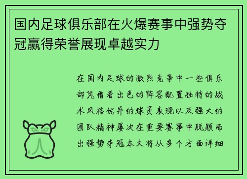 国内足球俱乐部在火爆赛事中强势夺冠赢得荣誉展现卓越实力